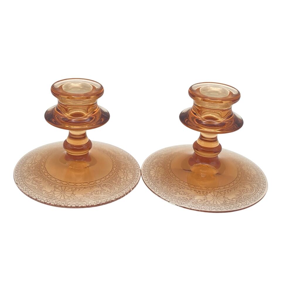 VTG Pink Depression Glass Tapered Candlestick Holders Pair (2) Etched Base